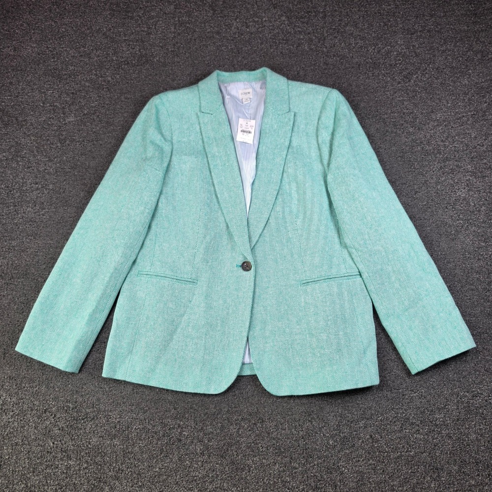 J.Crew Blazer Herringbone Green Womens 16 Linen Cotton Blend BO492 Business NEW